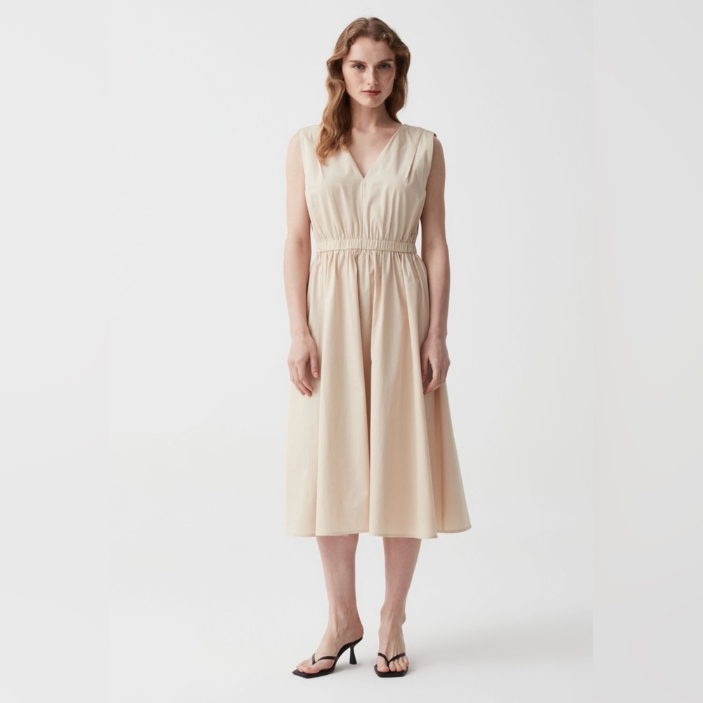 Beige V-Neck Pleated Poplin Cotton Midi Dress Classic Minimalist Lagenlook